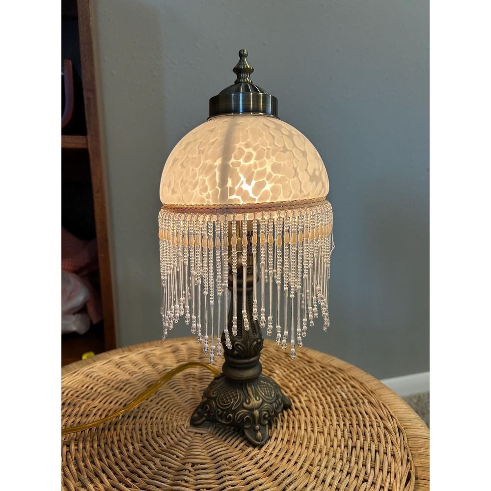 Vintage Boudoir Table Lamp with Beaded Fringe Victorian Style Glass Vanity Lamp